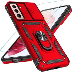SunStory Phone Case for Samsung Galaxy S21 Case with HD Screen Protector & Slide Camera Cover & Rotated Ring Kickstand, [Military-Grade] [2 in 1] Phone Case for Galaxy S21 6.2",Red