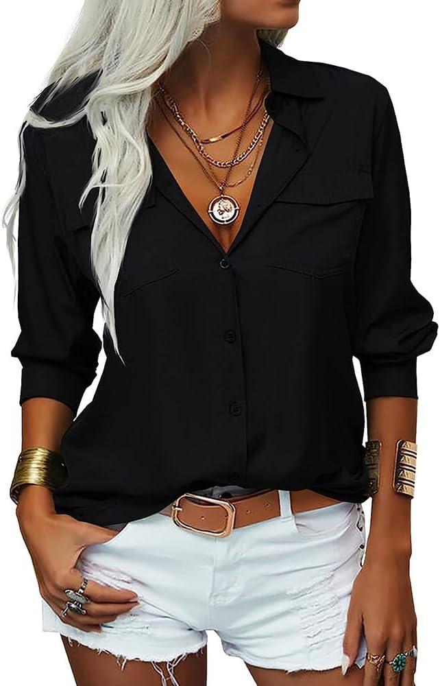Veatzaer Womens Solid Lapel Long Sleeves Button Down Shirt Top Casual Basic Office Blouse (Small, Black)