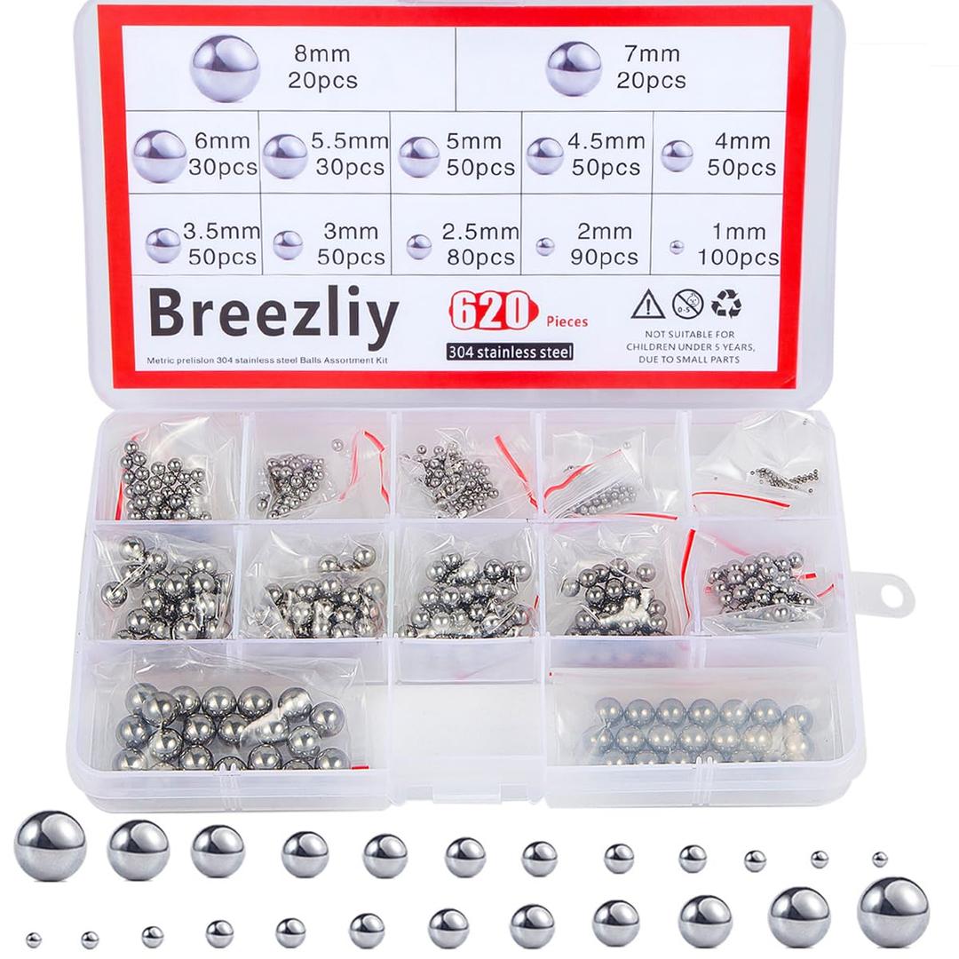 304 Stainless Steel Ball 620Pcs 1-8mm Metric Precision Assorted Loose Bicycle Bearing Steel Ball Assortment Kit12 Sizes