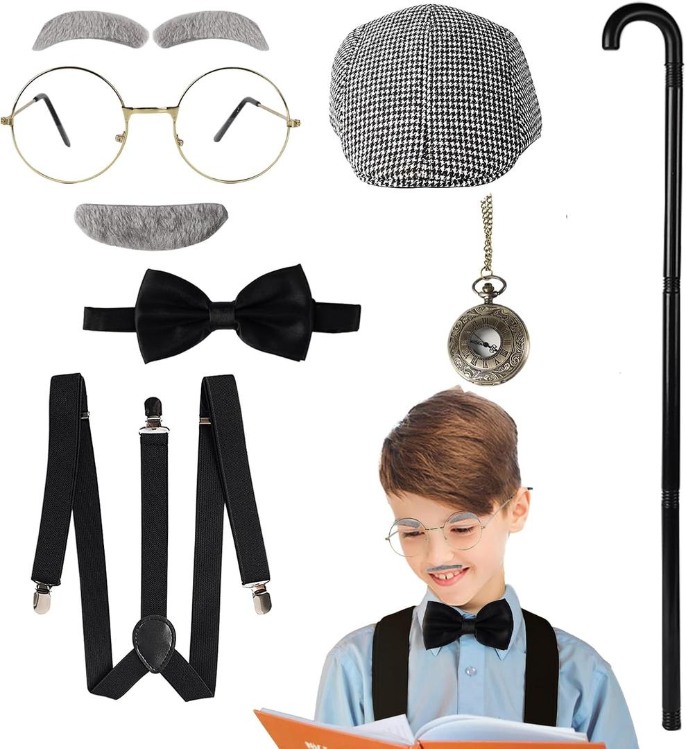 Fraiieon Kids 1920s Old Man Gentleman Costume Set  100th Day of School Accessories with Beret, Glasses, Eyebrows, Cane, Suspenders, and Watch