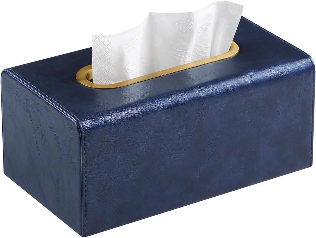 PU Leather Tissue Box Cover Rectangular Tissue Box Holder for Boxes Up to 3.9" Tall, Decorative Rectangle Tissue Cover for Bathroom Living Room Car Office (Navy Blue)