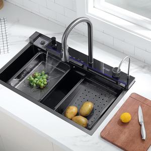 Waterfall Kitchen Sink,Stainless Steel Single Bowl Digital Display Smart Sink Drop In With Various Accessories (Dark Gary, 31.5"x17.7"x8.7")
