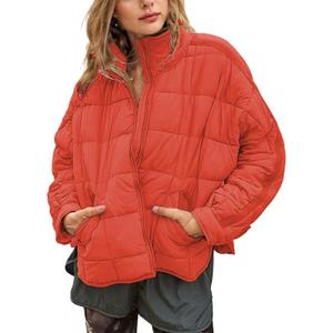 Omoone Women's Quilted Puffer Jacket Zip Up Oversized Lightweight Padded Down Coat Outerwear (Medium, Orange Red)