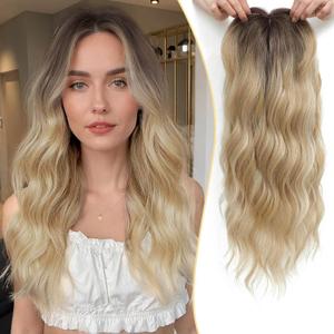 MORICHY Hair Toppers for Women Clip in Hair Topper with Bangs 20inch Buttery Blonde with Highlights Long Wavy Curly Synthetic HairPieces for Women (R6/26k/60#)