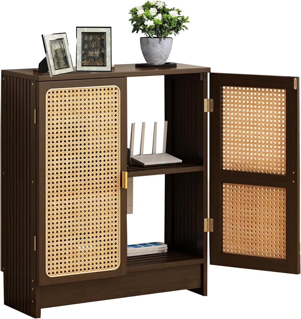 Jueraori WiFi Router Storage Cabinet, Bamboo Router Cabinet with Adjustable Shelves, Multimedia Audio Rack with Doors, 2 Layer Standing Cabinets for Home and Office