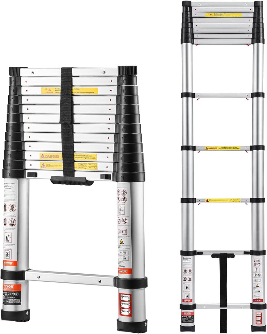 VEVOR 12.5ft Telescoping Ladder, Aluminum Lightweight Multi-Purpose Collapsible Extension, One-Touch Retraction Ladder, Heavy Duty 330LBS Max Capacity with Non-Slip Feet, for Home, Outdoor Work, Loft