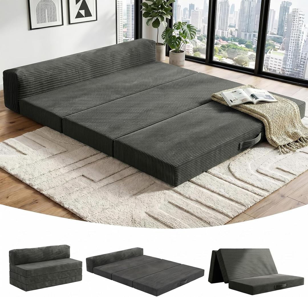 JUIKURY 6 Inch Tri-Fold Memory Foam Mattress Queen Size, 5 in 1 Convertible Sofa Bed, Foldable Floor Futon Sleeper Couch with Washable Cover & High-Density Foam, Portable Guest Bed for Living Room
