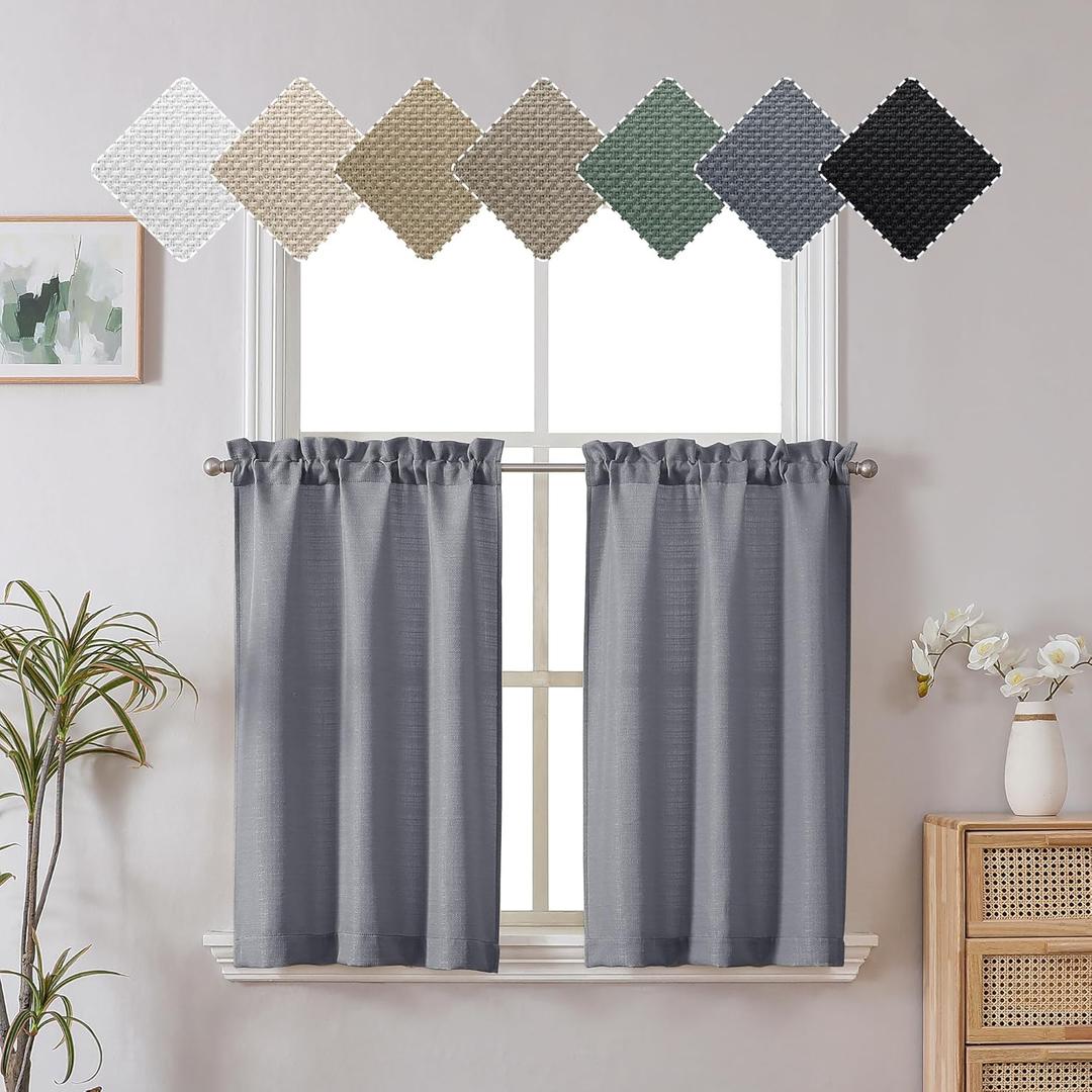Chyhomenyc Dark Grey Curtains 30 Inch Length, Faux Linen Textured Small Window Curtains, Light Filtering Short Curtains for Bathroom Curtains Window, 30x30 Inch, 2PCS