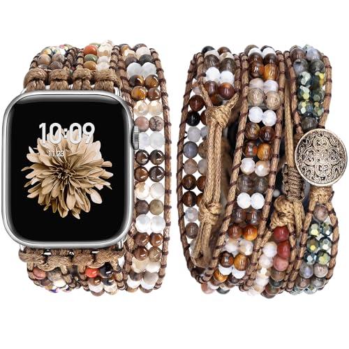 JR.DM Boho Beaded Watch Band Women Compatible with Apple Watch 38mm 40mm 41mm 42mm (S10/11) Brown Stone Bracelet Adjustable Handmade Braided Rope Strap for iWatch Series 11/10/9/8/7/6/5/4/SE 3/2/1