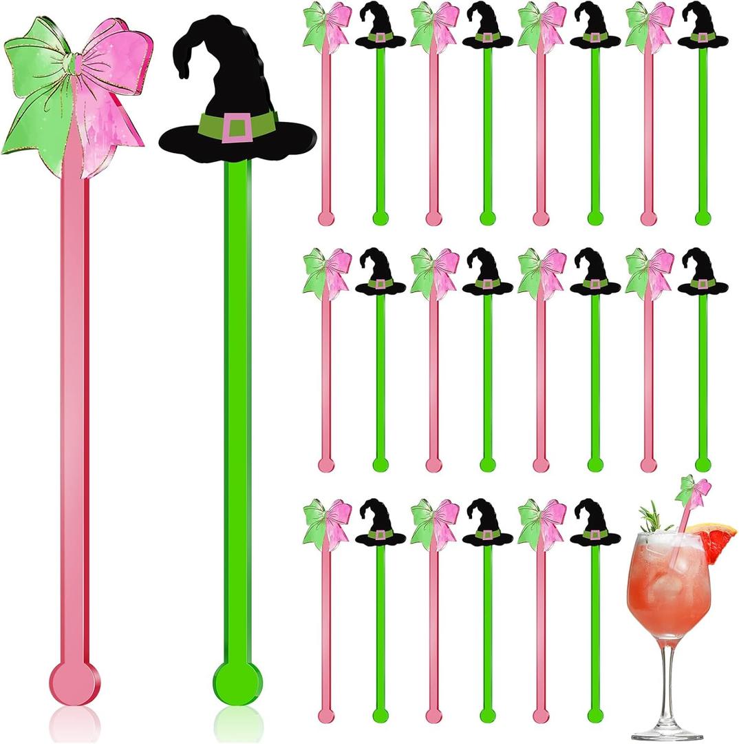 24 Pcs Witch Party Supplies Pink and Green Acrylic Drink Stirrers 5.9 Inch Reusable Swizzle Sticks Bulk for Cocktails Coffee Bar Weddings Events Birthday Party Decoration