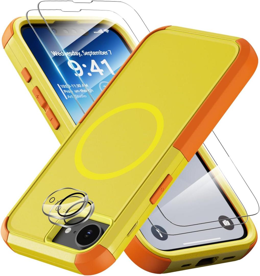 for iPhone 16e Case: Heavy Duty Shockproof Case with Screen Protector & Lens Guard Compatible with Magsafe for iPhone 16e 6.1" (Yellow)