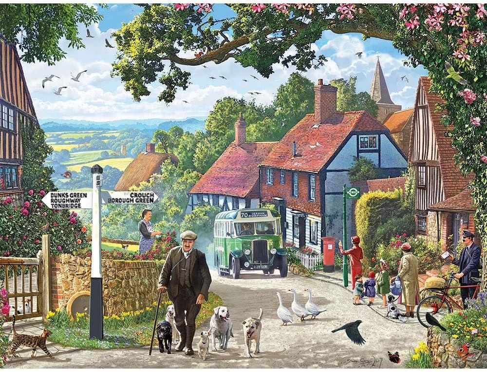 Bits and Pieces 500 Piece Jigsaw Puzzle for Adults The Country Bus - Small Town in The English Countryside Jigsaw Puzzle by Artist Steve Crisp, Completed Puzzle Size: 18" x 24"