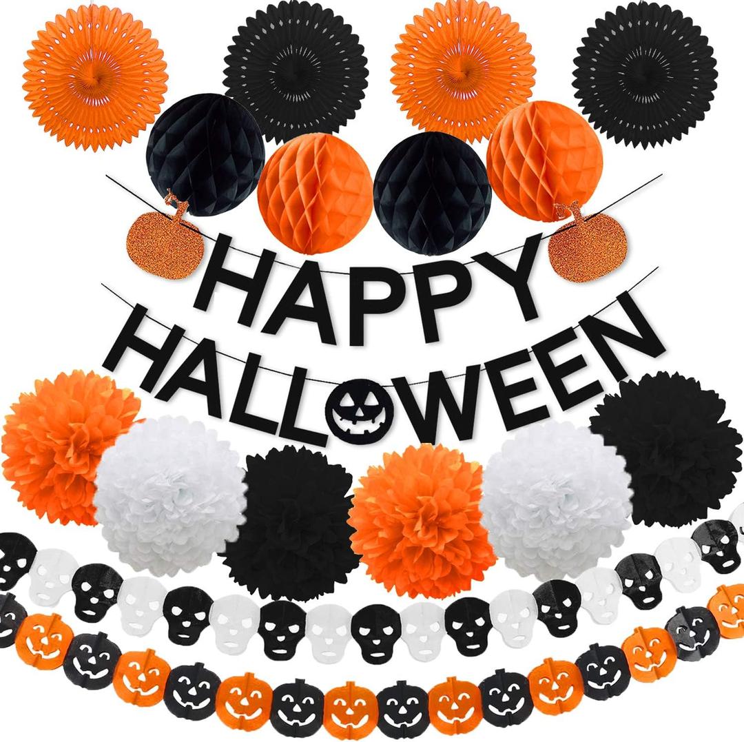 Halloween Party Decorations,Black Glittery Happy Halloween Orange Pumpkin Banner All-in-One Pack for Halloween Theme Party Supplies Decorations Kit for Kids