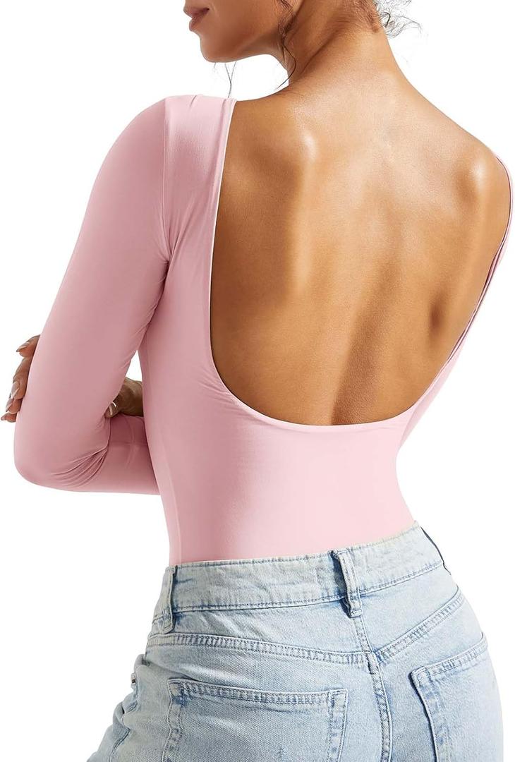 SUUKSESS Women Backless Y2k Long Sleeve Bodysuit Double Lined Open Back Sexy Basic Top (Small, Blush)
