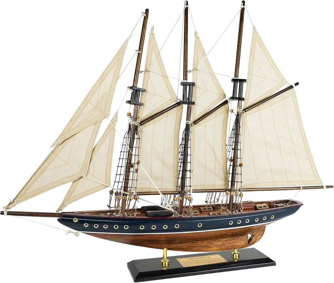 SAILINGSTORY Wooden Sailboat Model Ship Sailboat Decor 24" Schooner Atlantic 1:60 Scale Replica Blue and Walnut Antique Finish