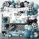 Two Fast Birthday Decorations, 2nd Birthday Decoration for Boys, Race Car Party Supplies for 2 Year Old with Balloon Garland Backdrop Tablecloth Box Crown Cake Topper