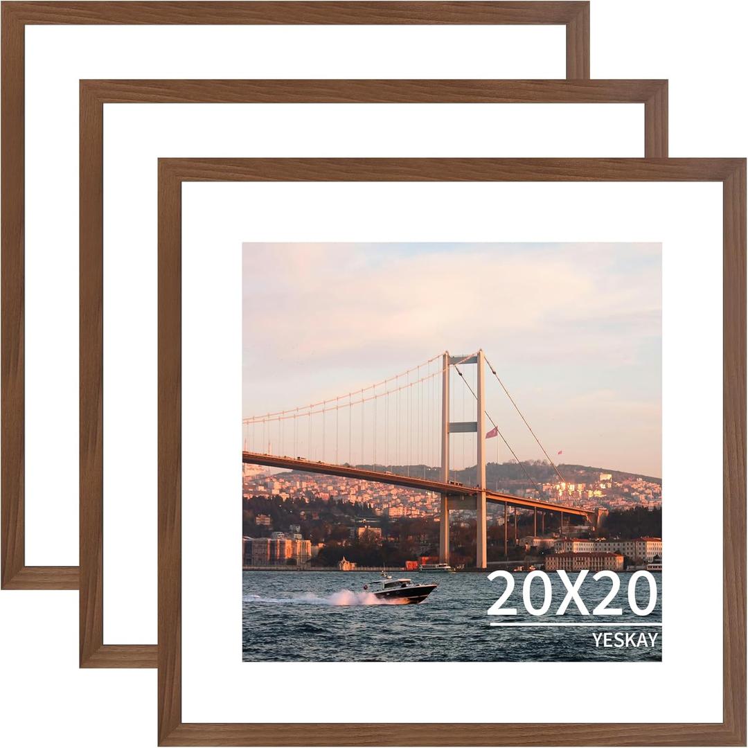 YESKAY 20x20 Picture Frame 3 Pack - Brown Poster Frame Display Pictures 16x16 with Mat or 20 x 20 Without Mat for Wall Hanging Horizontal and Vertical
