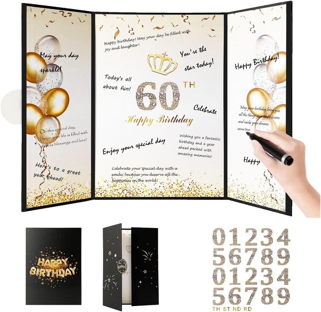 Birthday Decorations for Women Men Happy Birthday Sign Black and Gold Party Decoration Guest Book for Party Signature Happy 16 18 20 30 40 50 60 70 Birthday Gifts for All Ages