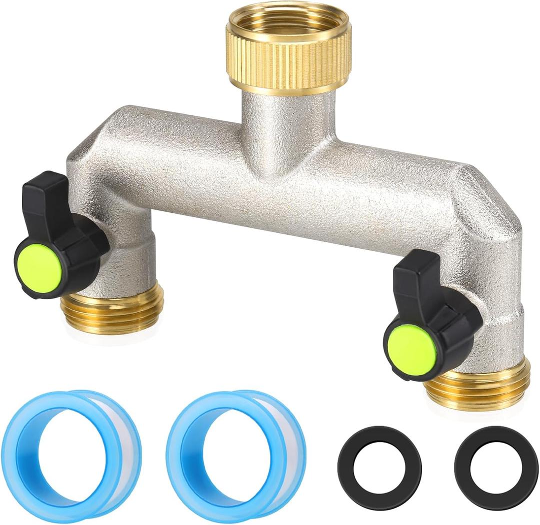 Brass Garden Hose Splitter - Water Hose Splitter 2 Way Heavy Duty, Outdoor Faucet Splitter with Shut Off Valves, Hose Bib Adapter and Spigot Connector 3/4"