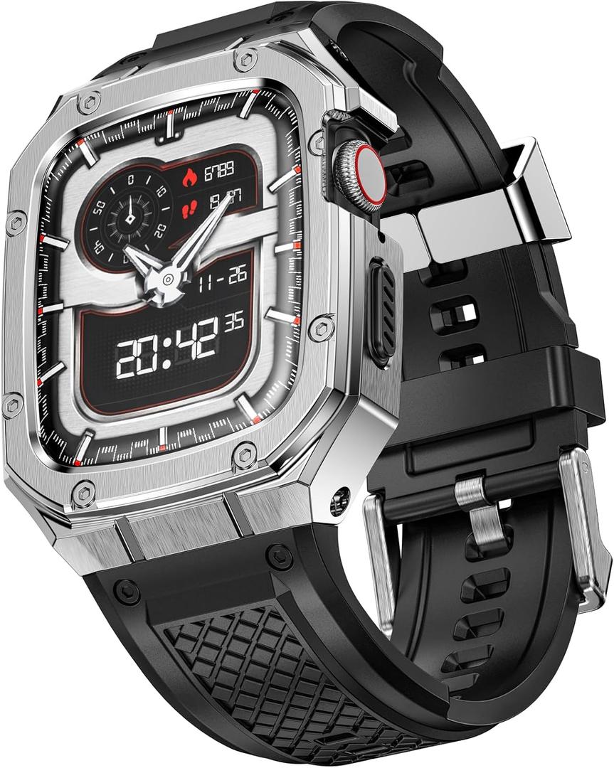 SUPLINK Silicone Band with Stainless Steel Case Compatible with 45mm Apple Watch Bands for Men, Metal Rugged Protective Bumper for iWatch Apple Watch Series 9 8 7 Band, Silver