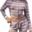 MakeMeChic Women's 2 Piece Spring Outfits Striped Long Sleeve Button Down Crew Neck Cardigan and Mini Shorts Set