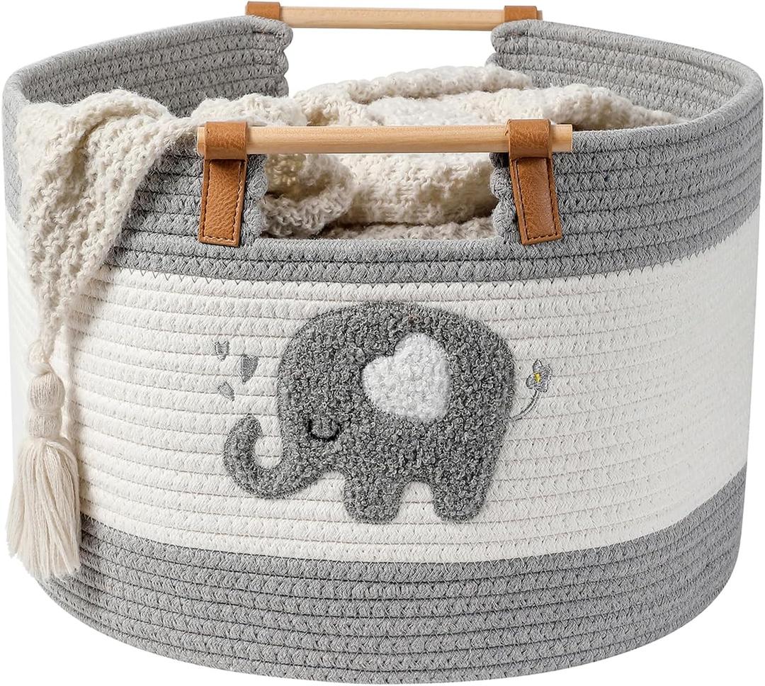 Large Blanket Basket 35L Cotton Rope Basket with Wooden Handles Woven Baskets for Kids Stuffed Animal Toys Storage for Nursery, Laundry Hamper Clothes Baby Hamper Boys Gift Basket Empty, (Elephant