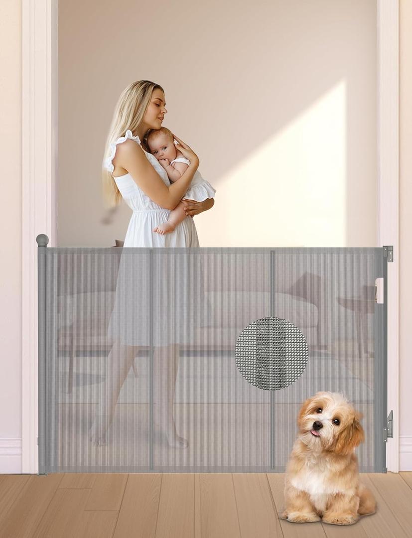 Reinforced Retractable Baby Gate, Extra 38" Tall, Extends up to 63" Wide, Hardwared Installation Mesh Gate for Stairs, Dog Gate, Child Pet Gate for Stairs, Doorways, Hallways, Indoo (Gray)
