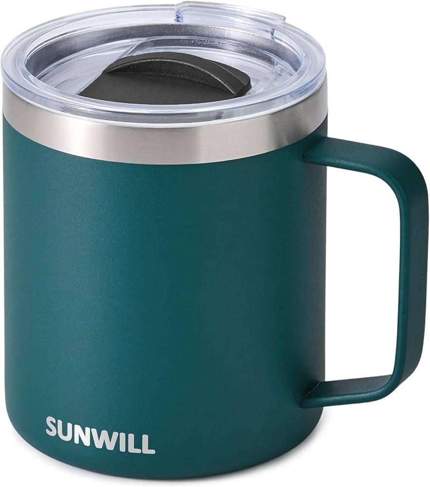 SUNWILL Travel Coffee Mug with Lid, Insulated Cup with Handle, 14 oz Stainless Steel Tumbler for Camping, Office, Outdoor, Powder Coated Dark Green
