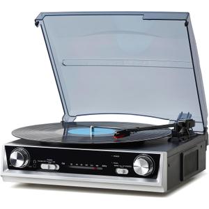 Vinyl Record Player, 3-Speed Vintage Turntable with Built-in Speakers and FM Radio, All-in-One Record Player for Vinyl with RCA Out & Headphone Jack, Black Wood