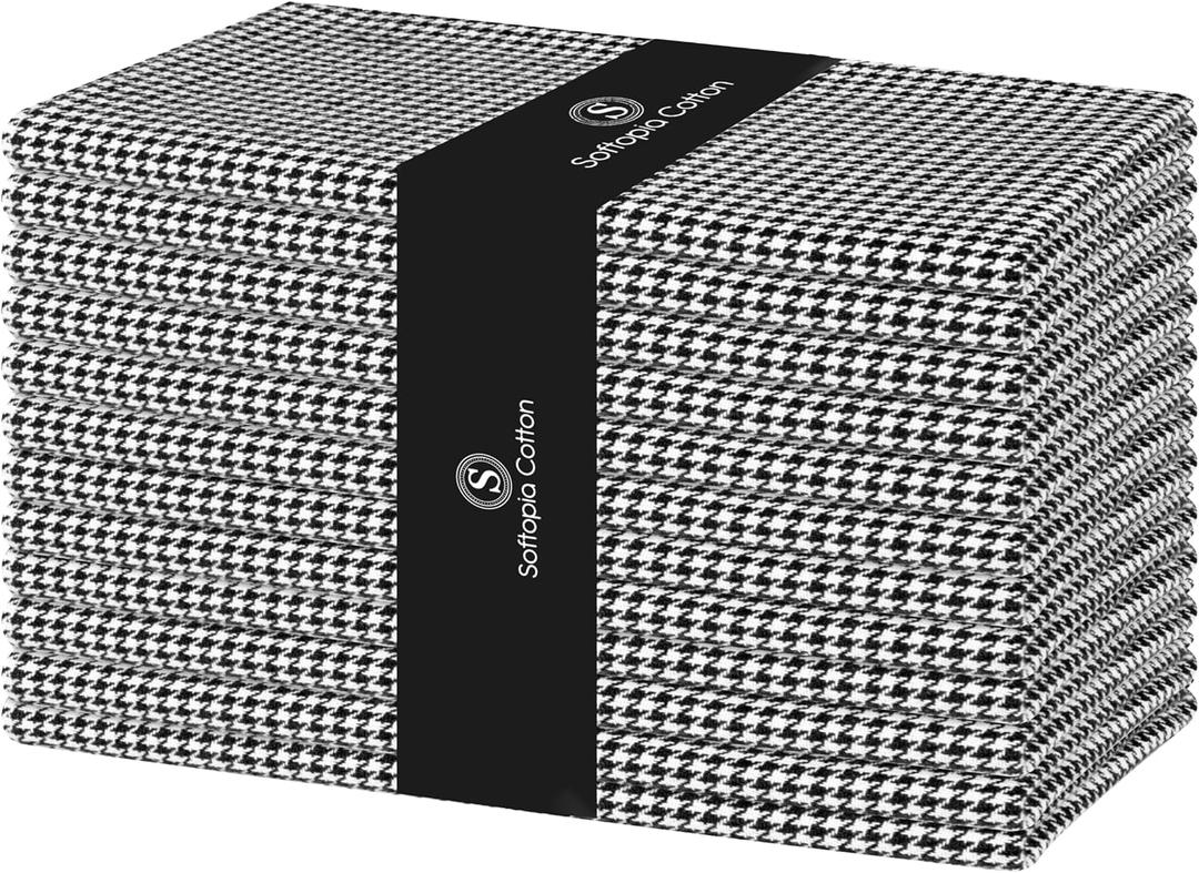 Cloth Napkin 100% Cotton 18Inch x 18Inch Decorative Washable Houndstooth Check Napkins Table Napkin for Dining, Kitchen, Parties & Camping - Black (Set of 12)