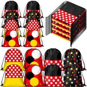 Aliceset 24 Pcs Cartoon Mouse Drawstring Bags Cartoon Birthday Party Favor Gift Goodie Treat Candy Bags Present Double Sided Gift Bag for Mice Birthday Baby Shower, 9.8 x 9.8 Inch(Black Red)