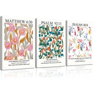 3Pcs Framed Bible Verse Wall Art, Christian Floral Scripture Posters Canvas Paintings Prints Wall Decor Pictures for Bedroom Living Room Home Decoration, Ready to hang (12x16in)