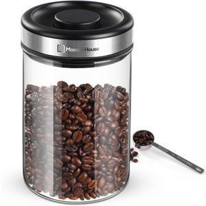 Maestri House Vacuum Coffee Canister with Spoon, 40 OZ AirTight Glass Coffee Bean Storage Container, Food Storage Jar, for 1 lb Beans, Grounds Coffee, Tea, Flour, Cereal, Sugar (Silver)