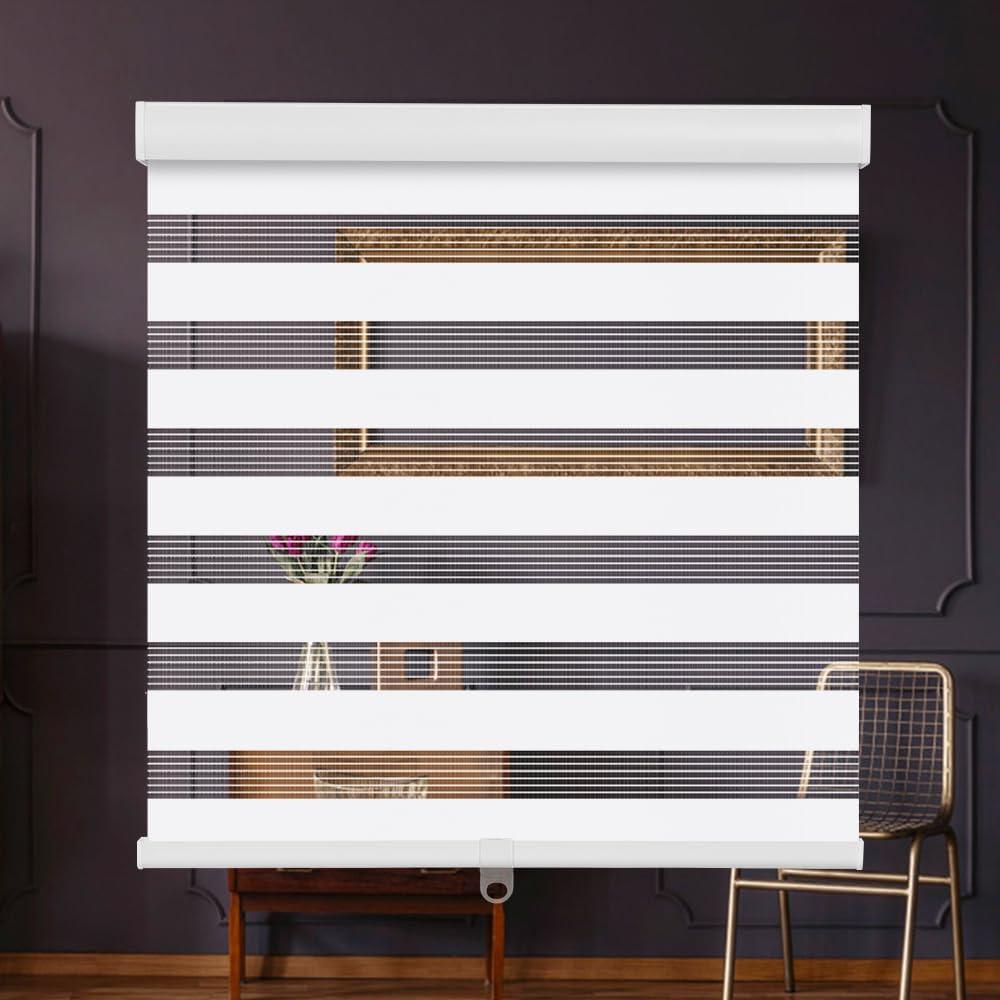 SMONTER Cordless Zebra Blinds for Windows Zebra Roller Shades with Metal Valance Free Stop Dual Layer Sheer Blinds Day Night Privacy Light Filtering, W27 x H72, White