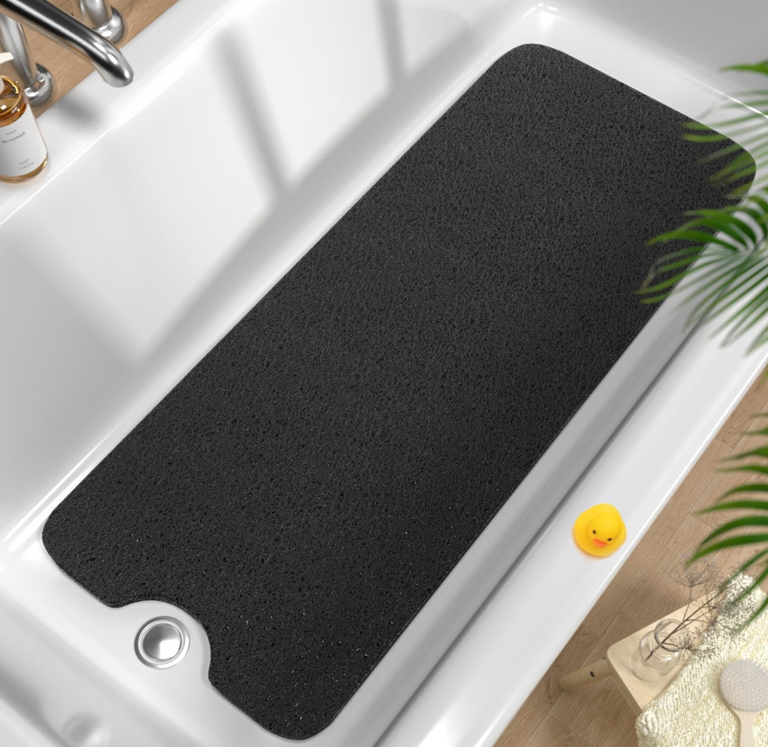 HITSLAM Non Slip Bathtub Mat 40 x 16 Inch, Extra Long Bath Mat for Tub, Soft PVC Loofah Shower Floor Mat with Drain, Quick Drying Bathroom Tub Mat for Wet Area, Without Suction Cup, Black