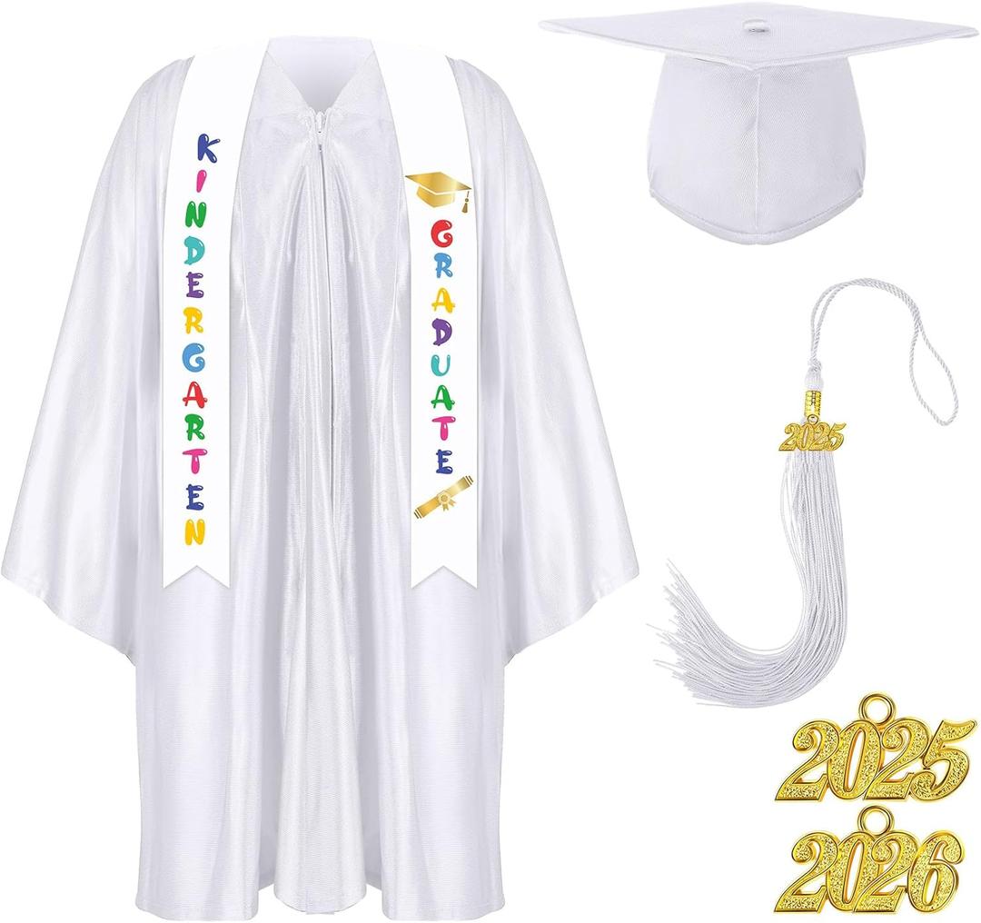 Foaincore 2025 Year Preschool and Kindergarten Graduation Gown Cap Tassel Set with 2025 Charm Printed Stole Grad Gift (33, White)