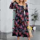 ZAFUL Women's 2025 Long Sleeve Square Neck Fall Boho Floral Midi Dress High Waist Flowy A Line Tiered Wedding Guest Dresses (Black)