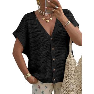 Fisoew Women's Short Sleeve Crochet Cardigans Sweater Tops Summer Button Down V Neck Casual Knit Hollow Out Beach Cover Ups (Medium, Black)