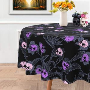 Halloween Goth Skull Tablecloth, Gothic Skeleton Table Cloth Waterproof, Halloween Kitchen Table Decor for Dining Holiday Party 60x60 Inch Round