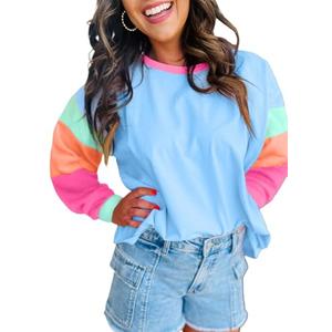 Apvirdy Womens Colorblock Patchwork Long Sleeve Loose Top Casual Crew Neck Tee Shirt 2025 Trendy Tops Medium