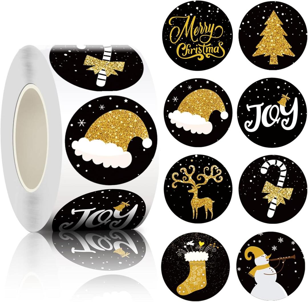 500PCS Christmas Stickers Labels Kalolary 8 Patterns Adhesive Round Christmas Tags Black Golden Xmas Decorative Envelope Seals Sticker for Craft Scrapbooking Party Christmas Decoration (1 Roll)