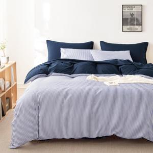 Wake In Cloud - Striped Comforter Set, Ticking Stripe Vertical Pinstripe Neutral Farmhouse Pattern Printed, Soft Lightweight Bedding, 3 Pieces, Navy Blue, Full Size