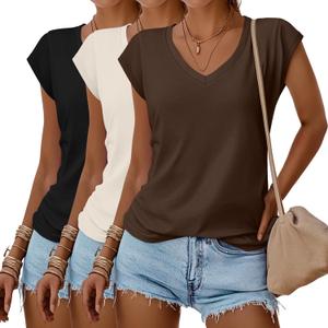 Huukeay 3 Pack Women’s V Neck T Shirts, Cap Sleeve Summer Casual Tops Loose Fit Short Sleeve Tees 2025 Trendy Shirts(Black, Light Apricot, Brown, Medium) Huukeay 3 Pack Women’s V Neck T Shirts, Cap Sleeve Summer Casual Tops Loose Fit Short Sleeve Tees 2025 Trendy Shirts(Black, Light Apricot, Brown, Medium)