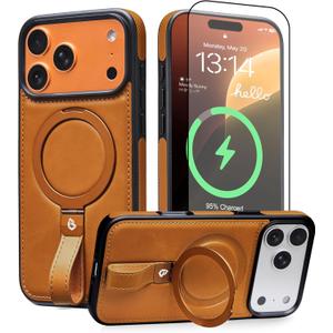 Butaiga for iPhone 17 Pro Max Leather Case with Stand, Anti-Slip Grip Ring, Fits for MagSafe (Brown, iPhone 17 Pro Max)