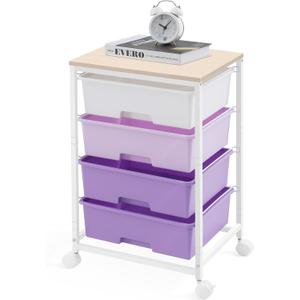 Utility Cart with 4 Drawers,Rolling Storage Cart with Drawers,Storage Rolling Drawer Cart with Wooden Tabletop for Bedroom,Kid's Room,Dorm,Classroom,Office, Purple