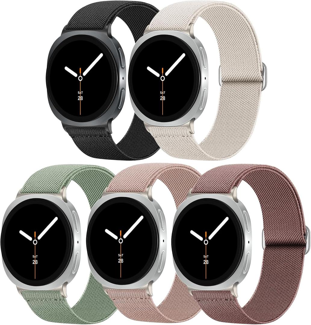 5 Pack Stretchy Nylon Bands Compatible with Samsung Galaxy Watch 8 Band 40mm 44mm/Galaxy Watch 8 Classic 46mm, Solo Loop Soft Elastic Sport Strap Replacement Wristbands for Women Men