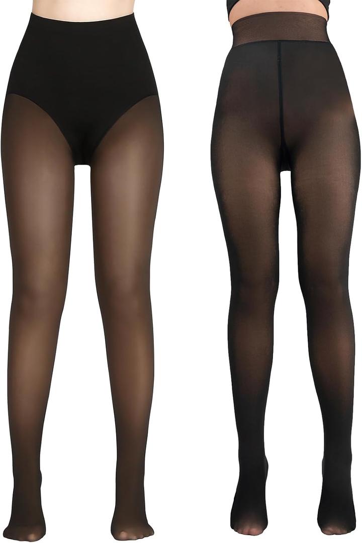 2 Pairs Fleece Lined Tights for Women- Triangle Crotch Design Fake Translucent Thermal Skin Colored Tights,Winter Warm Pantyhose WomenTights