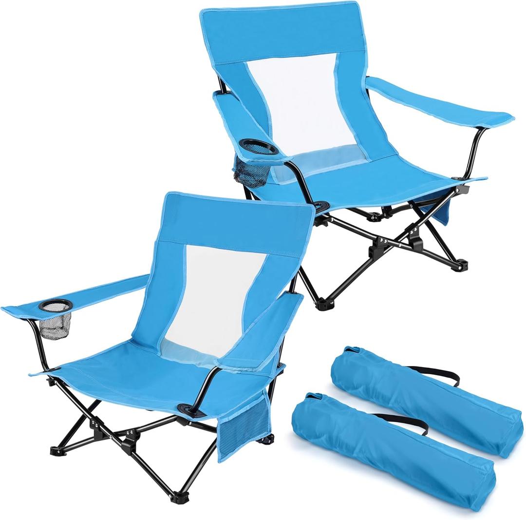 Joyfair Beach Camping Chair (2 Pack), Outdoor Folding Lawn Chair for Adults, Heavy Duty Portable Chair with Armrest for Outside Fishing, Sport, Patio, Cup Holder & Storage Pocket, Carry Bag (Blue)