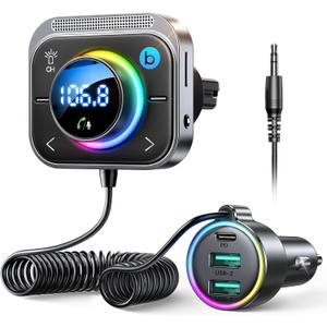 JOYROOM 66W Bluetooth 5.4 Car Adapter Aux with 3 Charging PortsPD 30W & 2 * 18WAir Vent Installation for Safe Deep HiFi Bass Player Wireless Radio FM Transmitter for Car with Colorful LED Light (Black)
