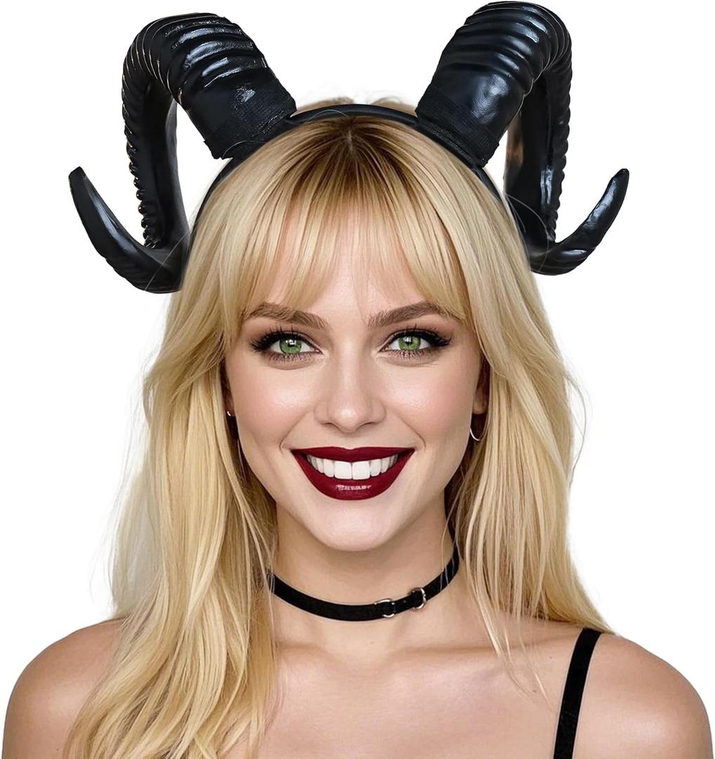 MOSTORY Devil Goat Horns Headband - Demon Sheep Horn Headband for Adult Cosplay Halloween Renaissance Photoshoot (Detachable) (Black)